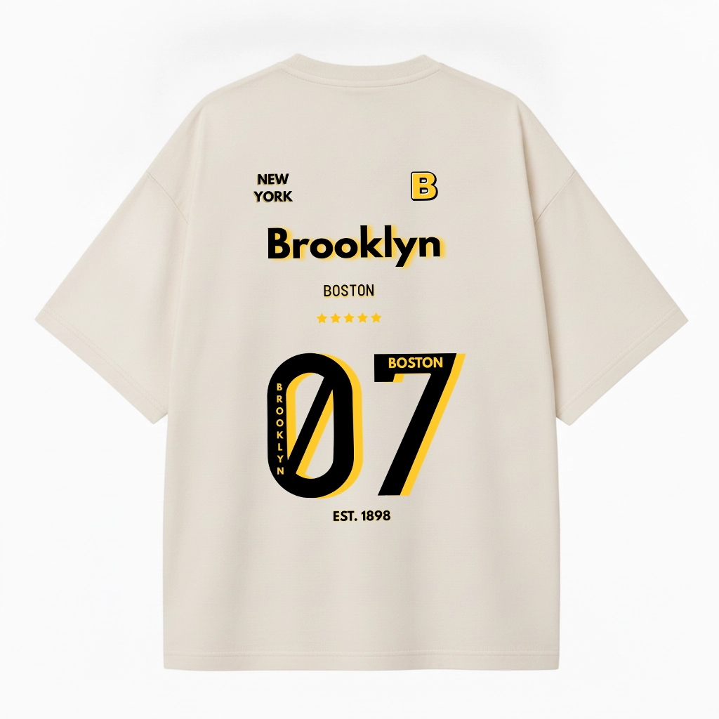 Brooklyn 07 White Oversized Graphic T-Shirt Beige Brooklyn 07 White Oversized Graphic T-Shirt Beige